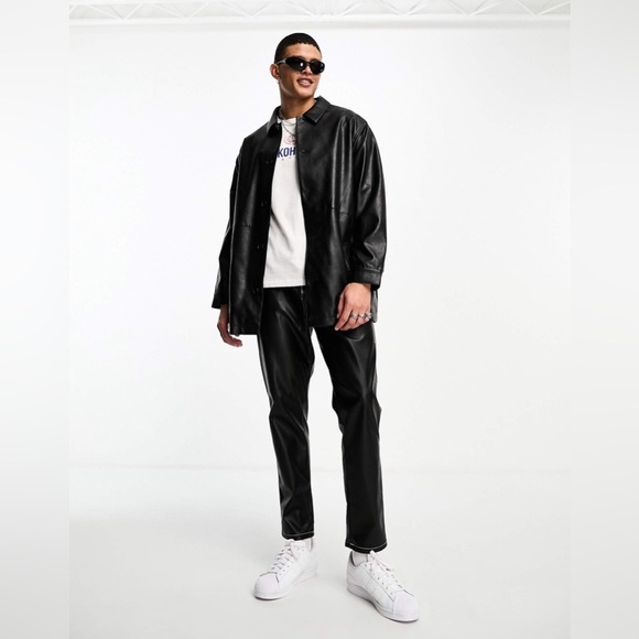 ASOS DESIGN Men’s Faux Leather Belted Trench Coat In Black Size: XL - Picture 2 of 15